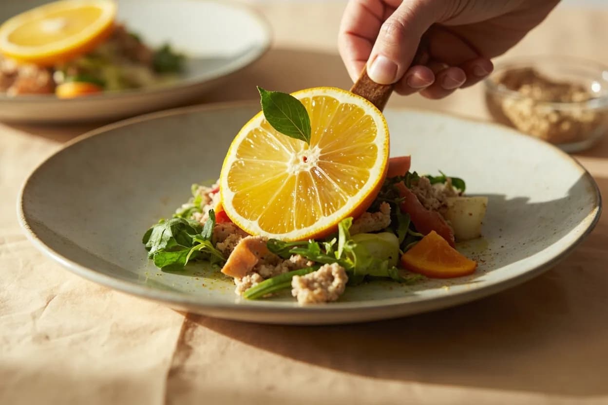 Suprême (Citrus Segment) prepared the canonical way — Salade d'agrumes (mixed citrus salad, French bistro classic). Zest the fruit first if zest is needed — the round fruit is far easier to hold during zesting than the trimmed, peeled ball.