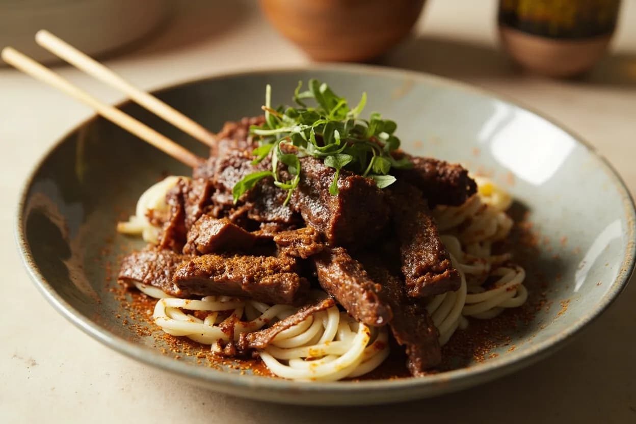 Suya Thin-Slice Against Grain prepared the canonical way — Suya (West African spiced skewered beef). Chill the beef partially in the freezer (30–45 minutes) to firm it up and make clean 3–4 mm slices easier to achieve with a sharp slicing knife.