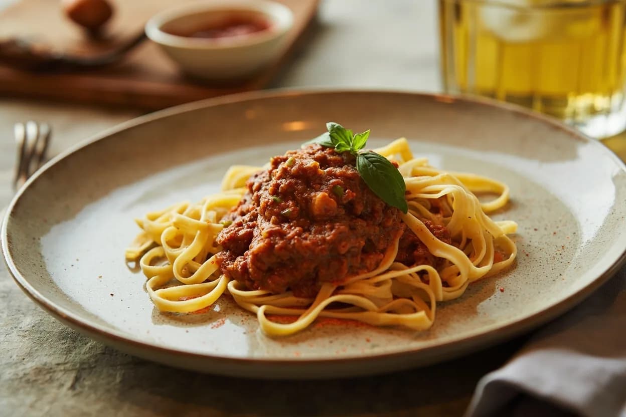 Tagliatelle & Pappardelle Width Standards prepared the canonical way — Tagliatelle al ragù alla bolognese. Roll the sfoglia to the correct thickness: setting 4–5 (approx. 1.5 mm) on a standard Imperia machine for both formats.