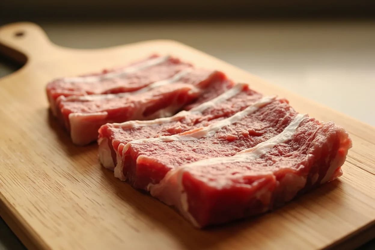 Tanzaku-giri (Thin Rectangular Strips) in its raw whole-cut form on a butcher's board — Tanzaku-giri is a Japanese knife cut that produces neat flat rectangles approximately 1 mm thick, 1 cm wide, and 4 cm long. Identifying traits: Flat, even rectangles with a refined, elongated silhouette, Approximately 1 mm thick, 1 cm wide, and 4 cm long, Maximises surface area for fast, uniform cooking.