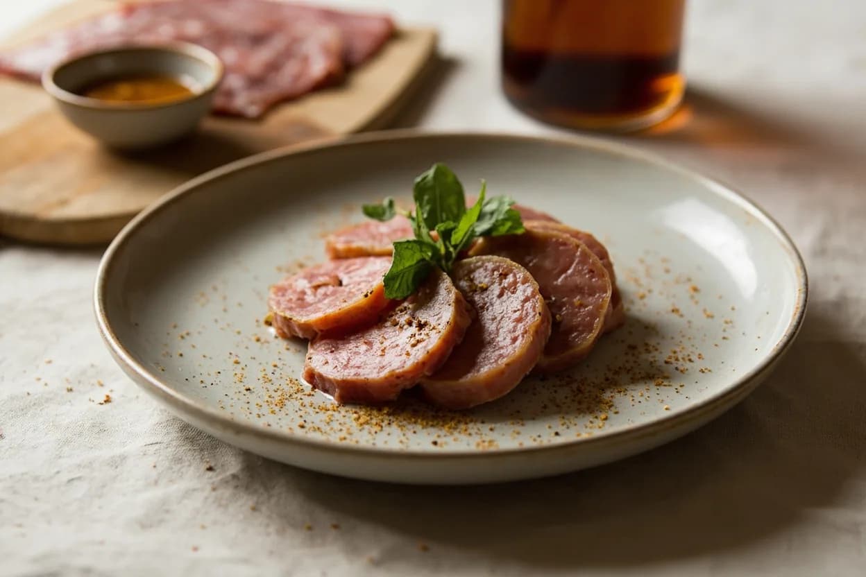 Terrine Slicing Thickness prepared the canonical way — Terrine de campagne. Chill the terrine completely — minimum 8 hours, ideally 24 — before attempting to slice; the fat must be fully solidified.