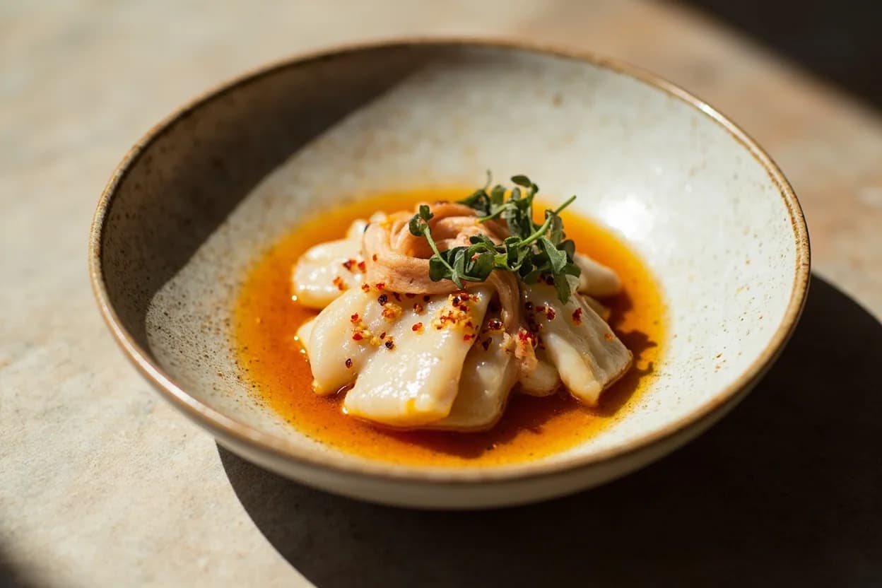 Thin-Slice for Koji Cure (Shio Koji Contact Surface) prepared the canonical way — Shio koji chicken thigh. Chill the protein until firm (not frozen) so the knife glides cleanly without dragging.