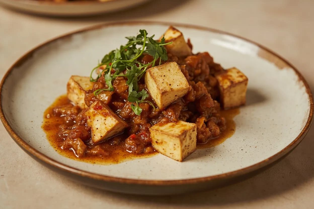Tofu Block Breakdown — Slabs, Cubes & Crumbles prepared the canonical way — Mapo tofu. Press firm or extra-firm blocks between paper towels or in a tofu press for 15–30 minutes before cutting; removing moisture improves browning and cohesion
