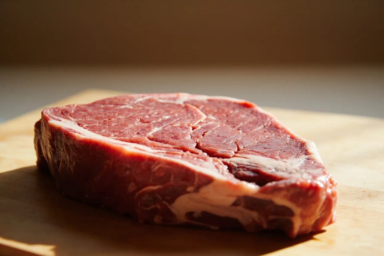 Tri-Tip in its raw whole-cut form on a butcher's board — The tri-tip (NAMP #185C) is the tensor fasciae latae muscle, a roughly triangular, flat roast weighing 1. Identifying traits: Triangular shape with two distinct grain directions — the iconic slicing challenge and a key culinary knowledge point, Rich, beefy flavor with a slight mineral note; more character than top sirloin, Compact size (1.5–2.5 lbs) suits home cooks — one roast feeds 4 comfortably.