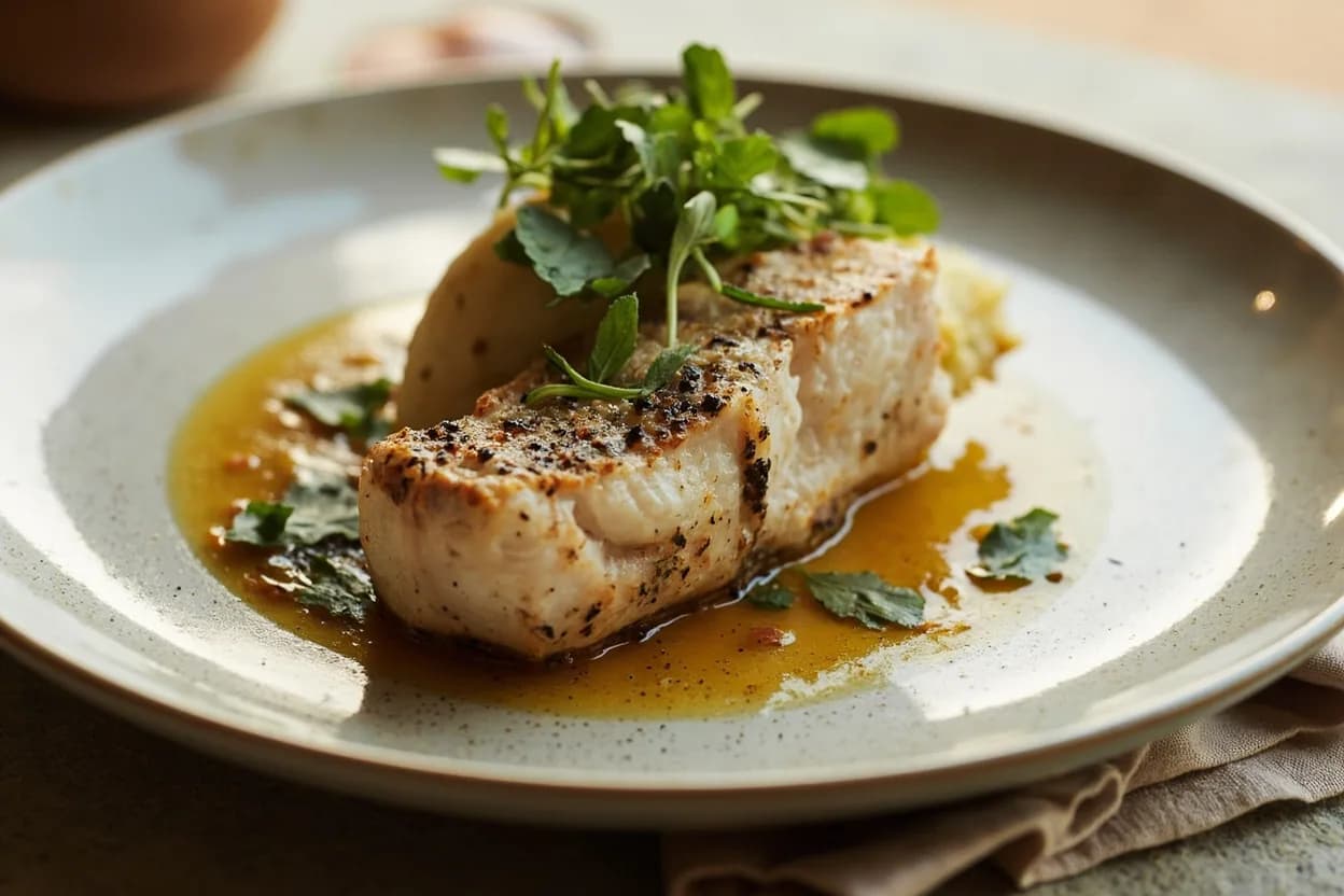 Tronçon (Bone-In Flat Fish Steak) prepared the canonical way — Tronçon de turbot rôti au beurre blanc. Season the tronçon generously on both sides; the bone mass requires bold seasoning. A marinade of olive oil, lemon, and herbs applied 30 minutes ahead penetrates effectively.
