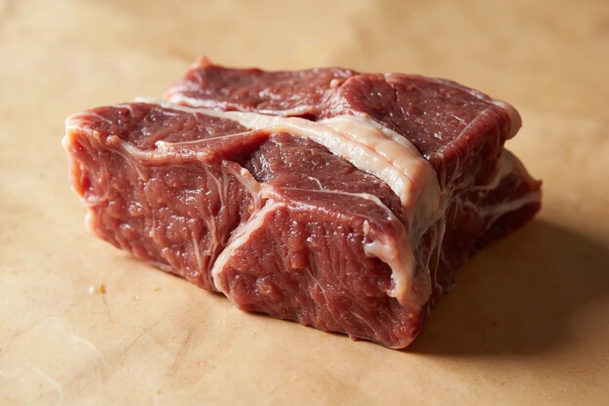 Where the veal osso buco cross-cut lives on the source. Cut exclusively from the veal hind shank, the segment of the leg below the stifle joint (knee) and above the ankle.