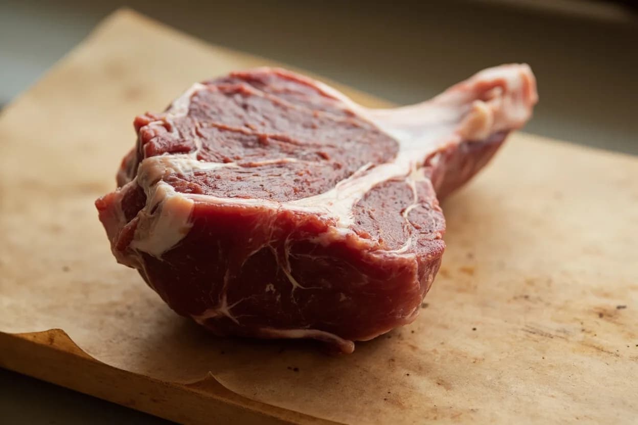 Veal Osso Buco Cross-Cut in its raw whole-cut form on a butcher's board — Osso buco — Italian for 'hollow bone' or 'bone with a hole' — is a medallion cut produced by sawing the hind shank of a veal calf transversely across the tibia. Identifying traits: Hollow bone center filled with rich, unctuous bone marrow, Ring of dense shank muscle that falls from the bone after proper braising, Thick band of exterior collagen that converts to gelatin and enriches the braising liquid.