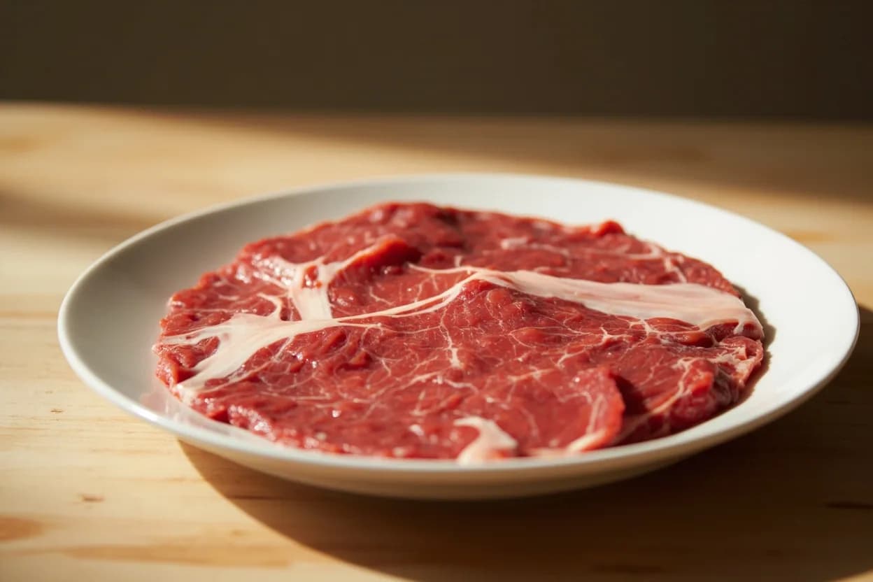 Velvet-Thin Beef Slice (Chinese) in its raw whole-cut form on a butcher's board — Velvet-thin beef slicing is a Chinese butchery and prep technique in which a lean or moderately marbled cut is chilled to a semi-frozen state (around -2 °C to -4 °C), then sliced by hand or on a comm… Identifying traits: Paper-thin uniform sheets with clean cross-grain fibre pattern, Cooks in 5–15 seconds in boiling broth or 30–60 seconds in a screaming-hot wok, Absorbs marinades deeply in 10 minutes due to large surface-to-volume ratio.