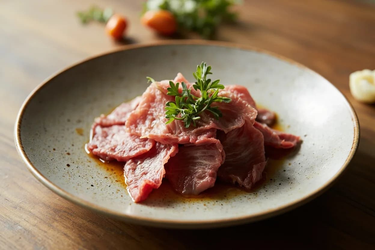 Wagyu / Japanese Beef Subprimal Breakdown prepared the canonical way — Kobe beef yakiniku. SHABU-SHABU: slice zabuton or koune at 1.5–2 mm (a deli slicer set fine); hold at room temperature 10 min; swirl 5–8 seconds in kombu dashi at a gentle simmer — no longer or fat renders out; dip in ponzu or sesame tare.