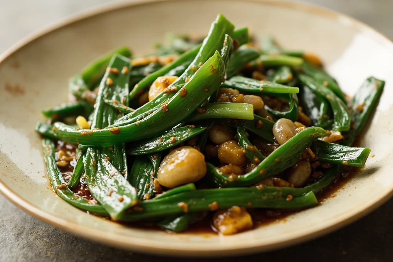 Water Spinach Stem Snap-Cut prepared the canonical way — Phak bung fai daeng (Thai 'flying vegetables' stir-fry). Separate leaves from stems by snapping at each node — the leaf and its short petiole detach cleanly from the hollow stem. Set leaves aside; they will go into the wok last.
