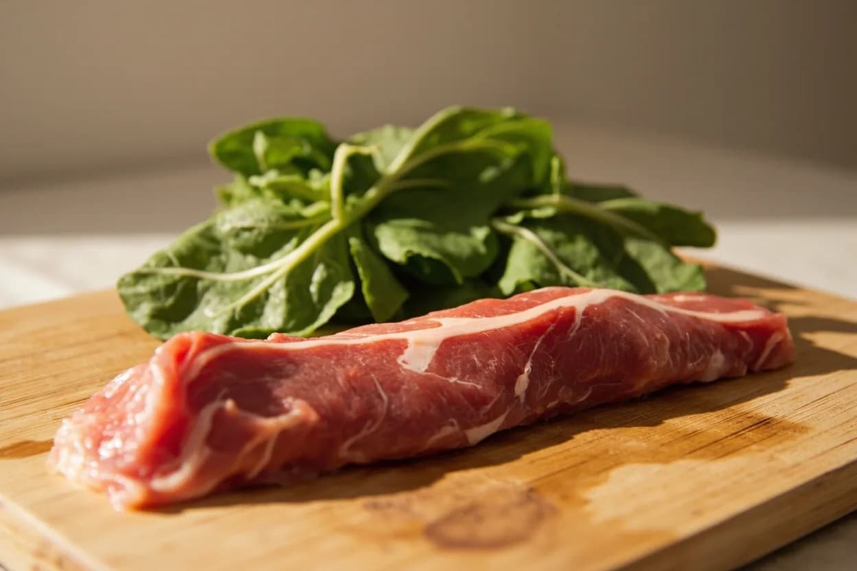 Water Spinach Stem Snap-Cut in its raw whole-cut form on a butcher's board — Water spinach (空心菜, kōngxīncài; also known as kangkung, morning glory, ong choy) has hollow, tubular stems with a distinct fibrous grain. Identifying traits: Hollow tubular stem creates a unique texture contrast: thin outer wall, open centre, Natural internodal break points guide the snap to consistent 5–10 cm lengths, Ragged fracture face has 3–5× the surface area of a knife cut.
