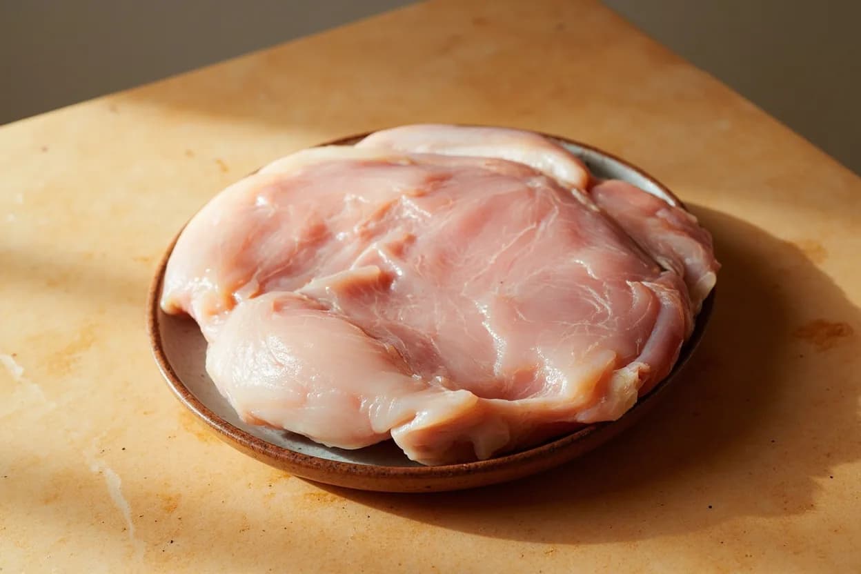 Whole Chicken Chop (Bone-In Cantonese Style) in its raw whole-cut form on a butcher's board — In Cantonese cuisine, a whole cooked chicken (typically poached as bai qie ji, or roasted) is portioned by the cook using a heavy Chinese cleaver (choi dou or kwen dou) in a specific sequence of stro… Identifying traits: Bone-in throughout — bones are load-bearing for flavor and visual presentation, not obstacles, Uniform 3–4 cm width across all pieces ensures consistent heat retention and serving temperature, Cut sequence follows the anatomy: joints first, then longitudinal bisection, then transverse chops.