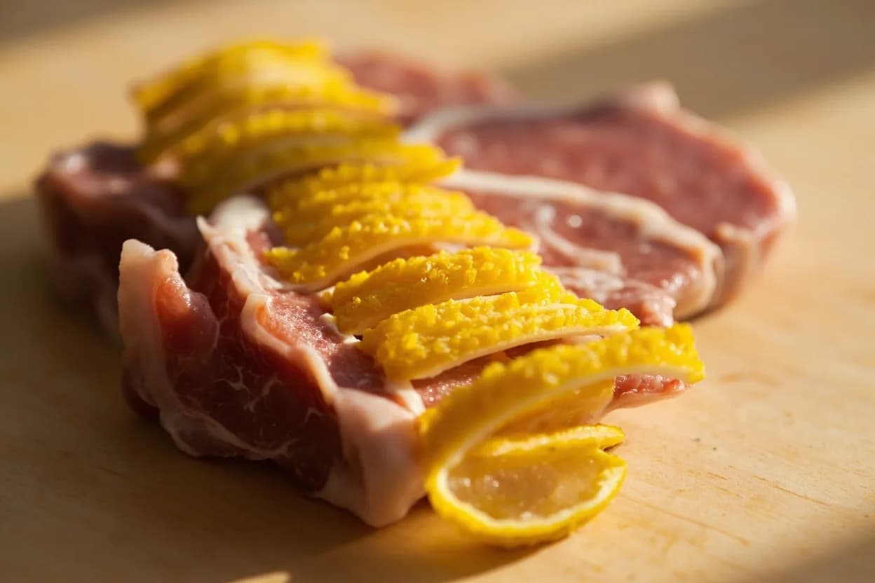 Zest — Citrus Peel Cuts in its raw whole-cut form on a butcher's board — Zest refers to the coloured outer layer of citrus fruit — lemon, orange, lime, grapefruit, yuzu — where essential oils (limonene, linalool, and related monoterpenes) are concentrated in oil sacs just… Identifying traits: Microplane-grated zest: fine, fluffy, near-paste — maximum surface area for flavour release, Channel-knife zest: thin spirals or threads suitable for cocktail garnish and pastry decoration, Peeler ribbon: broad strips with some pith still attached — best blanched or candied to remove bitterness.