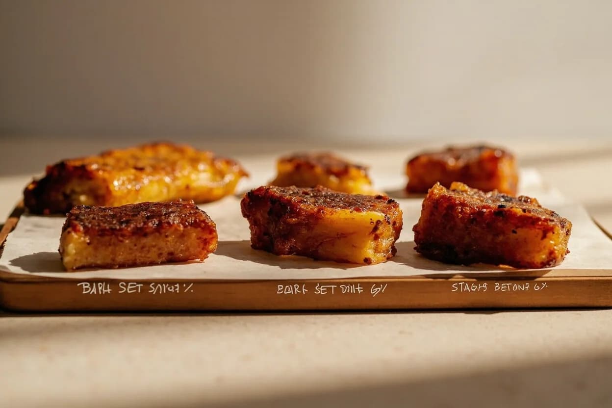 Bark Set Point (BBQ Crust) in context — the stages just below and above, side-by-side. Bark is the complex, mahogany-to-near-black crust that forms on the surface of smoked meats during low-and-slow cooking. Target reference Bark sets at surface temperature 70–80°C (158–176°F) after sufficient moisture evaporation; correlates roughly with internal meat temp of 65–75°C.