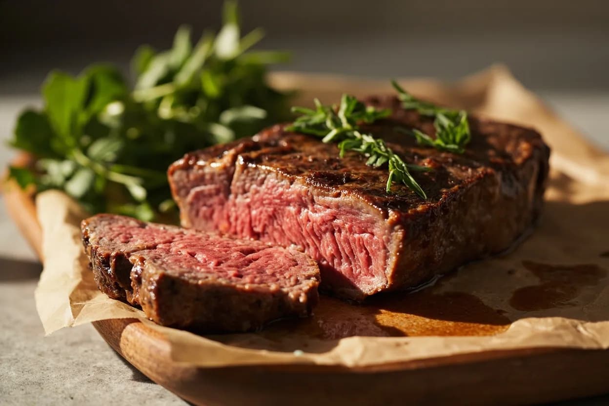 Beef: Medium in practice — American-style steakhouse strip steak or ribeye (medium order). The USDA revised its recommendation for whole-muscle beef from 71°C (160°F) down to 63°C (145°F) with a 3-minute rest in 2011, aligning with food-science understanding of pasteurization kinetics.