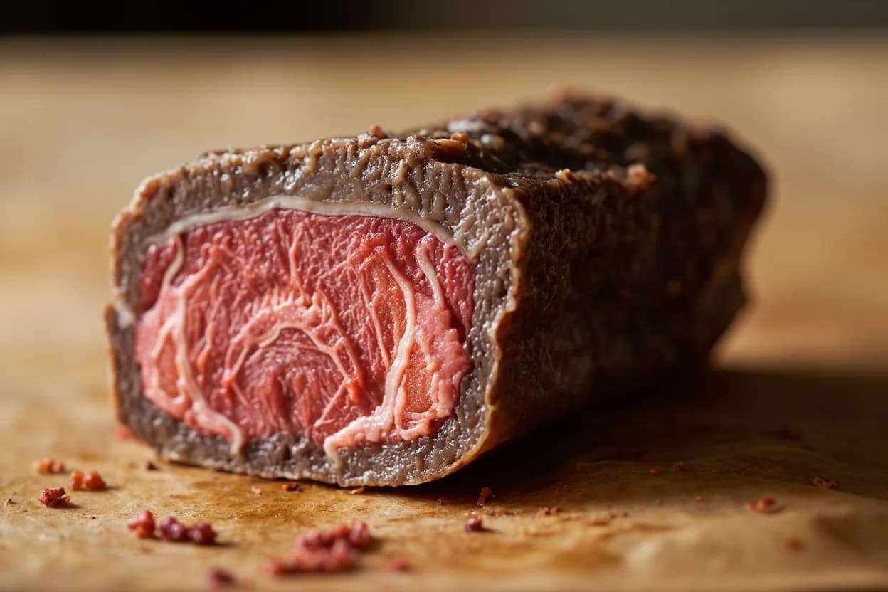 Beef: Medium at 63°C / 145°F. By 63°C, myosin denaturation is long complete and actin is beginning to denature — the combination causing meaningful fiber contraction and a firmer, less yielding bite. Visual cues: Pink center surrounded by a pronounced grey-brown band, Thoroughly warm and uniform in temperature when cut, Noticeably firmer under thumb — springs back readily.