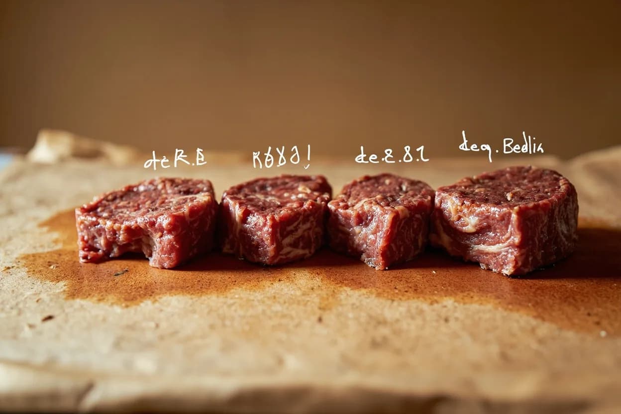 Beef: Medium-Rare in context — the stages just below and above, side-by-side. Medium-rare is universally recognized as the preferred doneness for quality beef steaks among professional cooks and most experienced diners. Target reference 57°C / 135°F.
