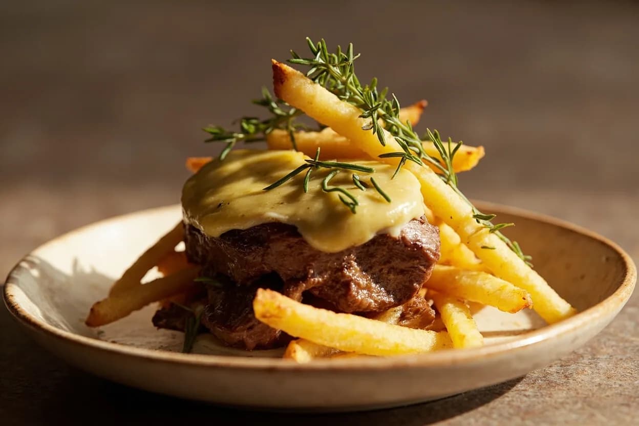 Beef: Medium-Rare in practice — Steak frites (à point). The convergence of maximum juiciness, optimal fat rendering, and tender-but-structured texture at 57°C is not arbitrary preference — it reflects the physical properties of beef muscle proteins.