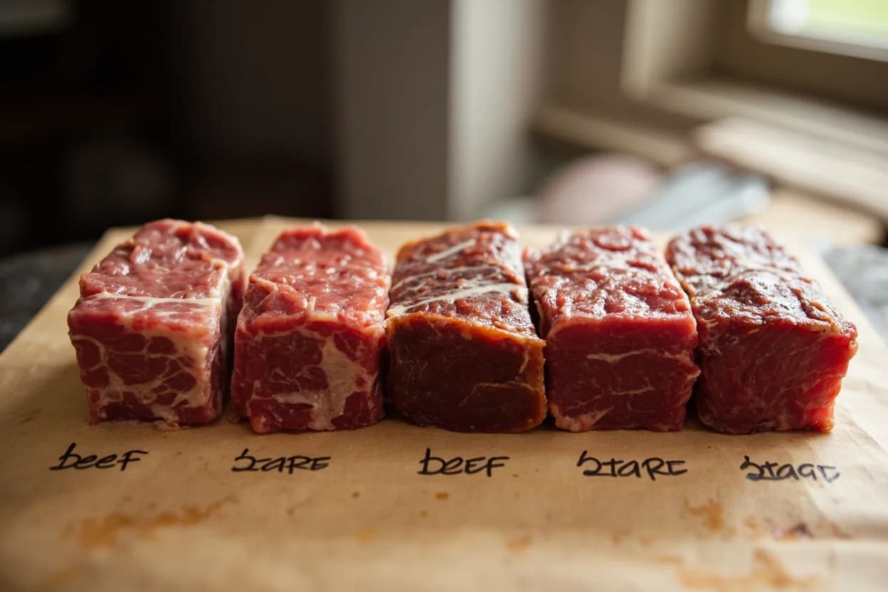 Beef: Rare in context — the stages just below and above, side-by-side. Rare beef has an internal temperature of approximately 52°C (125°F). Target reference 52°C / 125°F.