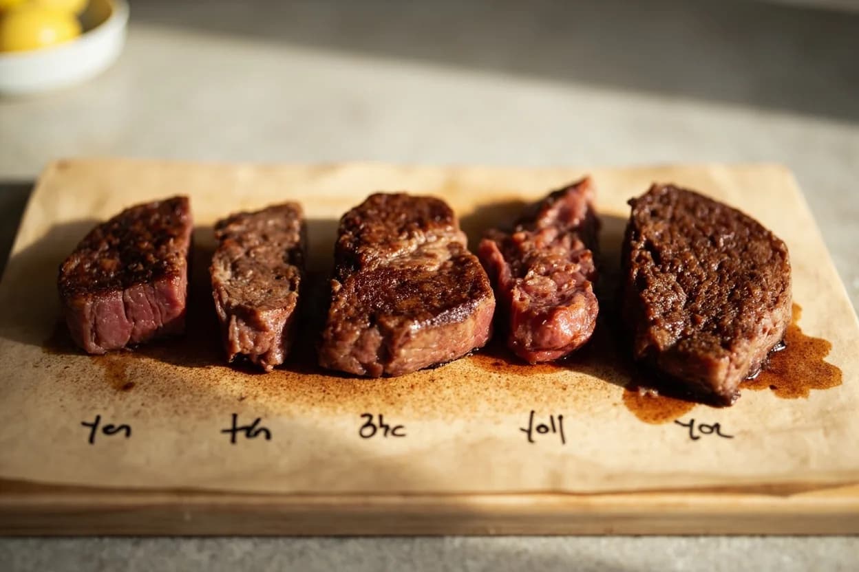 Beef: Well-Done in context — the stages just below and above, side-by-side. Well-done beef has reached an internal temperature of 74°C (165°F) or above, at which point all pink color has been driven off and the meat is uniformly grey-brown from edge to center. Target reference 74°C / 165°F.