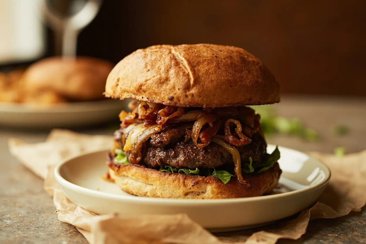 Beef: Well-Done in practice — Classic French onion burger (American diner style). Well-done is not inherently inferior for every cut or cuisine.