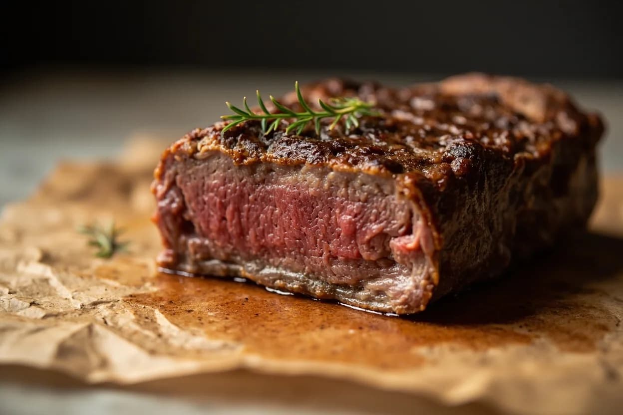 Beef: Well-Done at 74°C / 165°F. Above 70°C the remaining myoglobin fully denatures and oxidizes, leaving no pink pigment. Visual cues: Uniformly grey-brown color from surface to center — no trace of pink, Firm, resistant texture throughout; no springiness when pressed, Pronounced juice loss visible on cutting board.