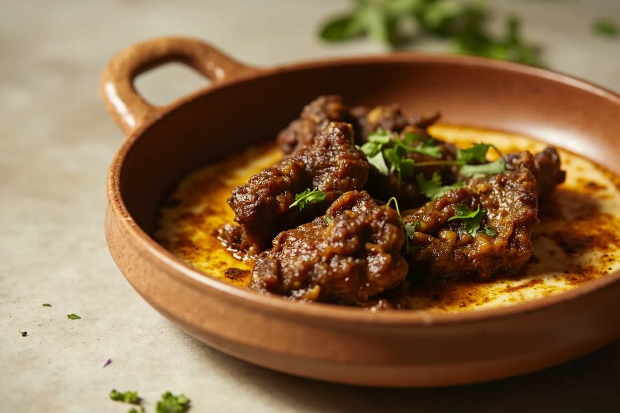 Bhuna / Bhunnao Stage (Oil Separation in Masala) in practice — Bhuna gosht (dry-fried lamb masala). The single most common error in masala-based cooking is adding stock, cream, or coconut milk before oil separation occurs.