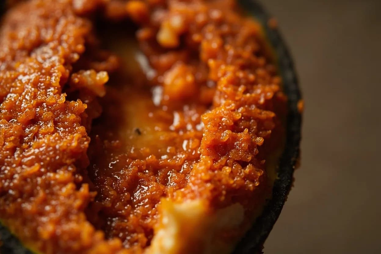 Bhuna / Bhunnao Stage (Oil Separation in Masala) at Pan surface 160–190°C; masala base internal temperature 100°C+ (all free water expelled). A freshly combined onion-tomato-spice masala contains 70–90% water by weight. Visual cues: Oil visibly pools at the edges and bottom of the pan, glistening separately from the masala solids, The mixture stops steaming and sputtering continuously; sound shifts from wet bubbling to a dry, sizzling fry, Color deepens to a dark, glossy brick-red or deep mahogany rather than orange or pale pink.