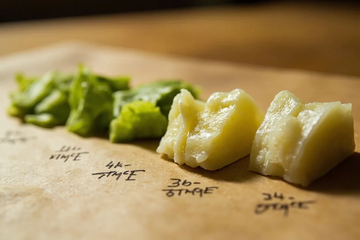 Blanched Vegetable Bright-Green Stage in context — the stages just below and above, side-by-side. Blanching to the bright-green stage is a precise two-phase technique: a brief immersion in aggressively boiling, well-salted water (1–3 minutes depending on vegetable density) immediately followed by… Target reference 100°C / 212°F.
