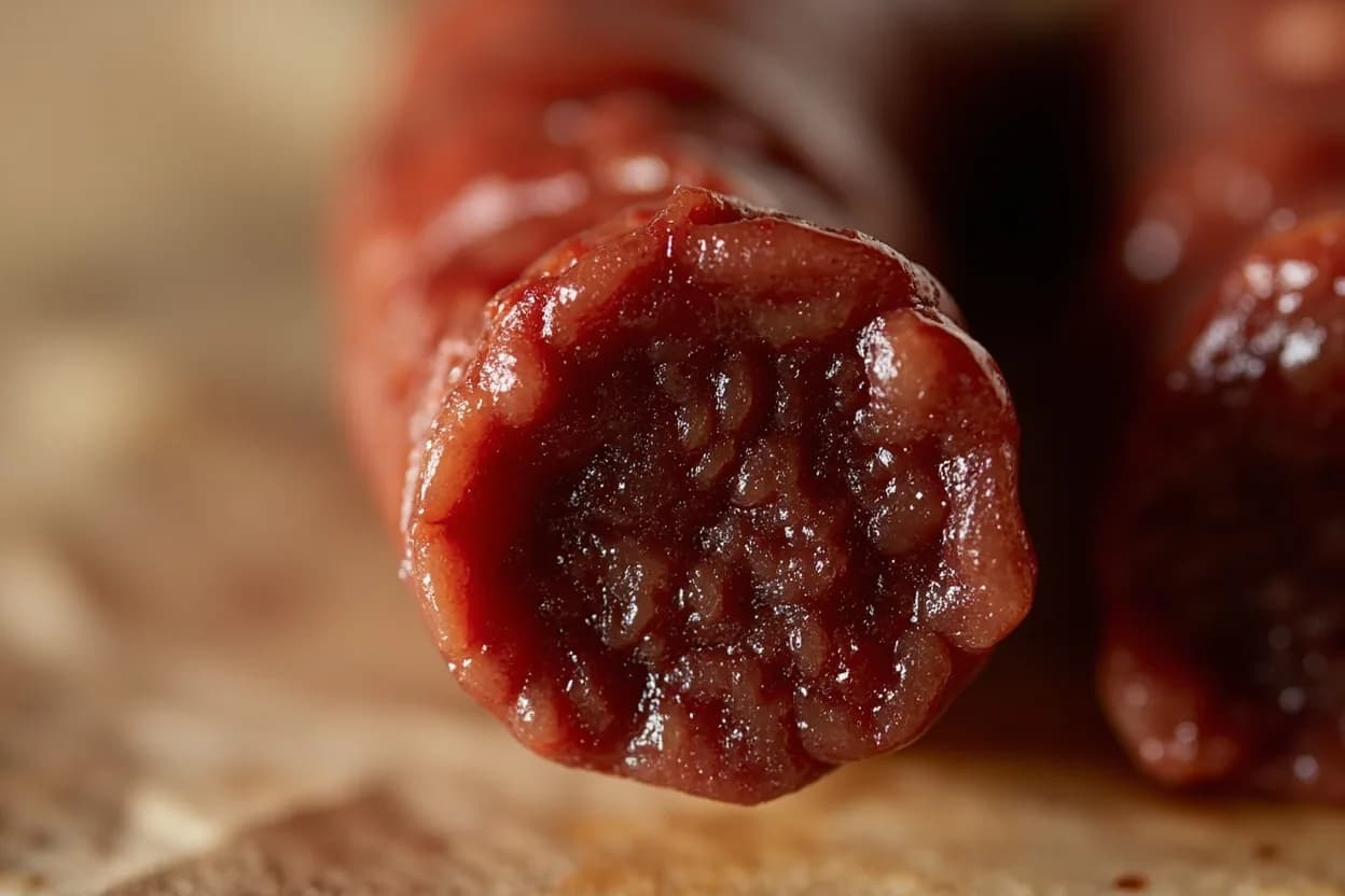 Blood Sausage Coagulation & Poaching Temperature at Internal 70–80°C (158–176°F); poaching water 75–80°C (167–176°F). Raw blood is a colloidal suspension of proteins — primarily hemoglobin, albumin, and fibrinogen — in a water-salt plasma. Visual cues: Sausage feels firm throughout when gently squeezed (through a cloth or with tongs) — no liquid-filled give at the center, Casing tightens and loses its wrinkled, raw appearance, turning smooth and taut, No bleeding or leakage of dark blood through the casing.