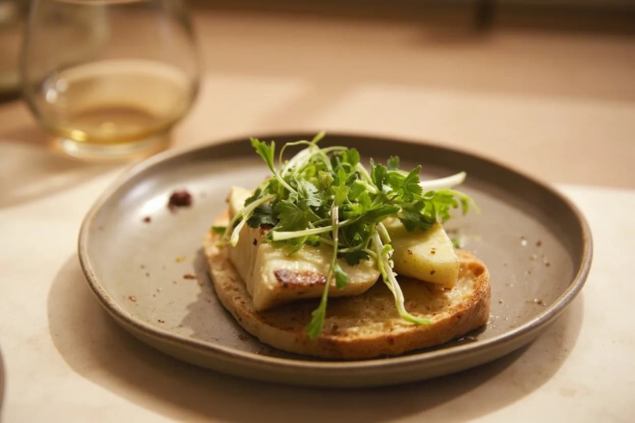 Bone Marrow Rendering Temperature in practice — Roasted bone marrow with parsley salad and grilled sourdough (St. John-style). Butchers split bones lengthwise (canoe-style) to expose the marrow surface for easy scooping — this is the modern restaurant preparation popularized by Fergus Henderson at St.