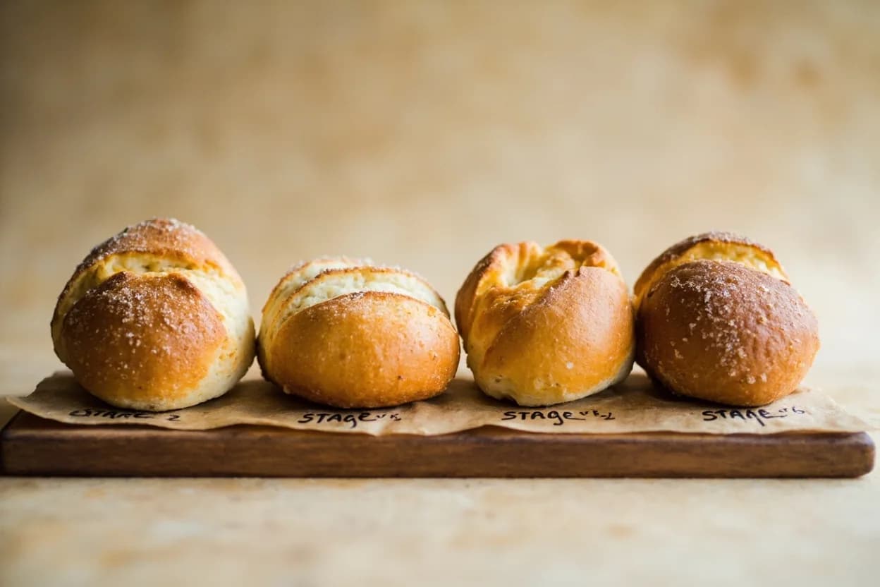 Bread: Internal Crumb Temperature in context — the stages just below and above, side-by-side. The internal crumb temperature of a lean artisan bread — baguette, sourdough boule, ciabatta, country loaf — is the single most reliable indicator of doneness. Target reference 93–99°C (200–210°F).