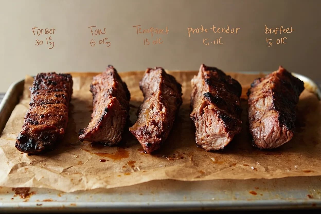 Brisket Probe-Tender Temperature in context — the stages just below and above, side-by-side. Brisket is a collagen-dense primal from the pectoral region of the steer, composed largely of two muscles (flat and point) running through a thick seam of connective tissue. Target reference 90–96°C (195–205°F), confirmed by zero-resistance probe test.