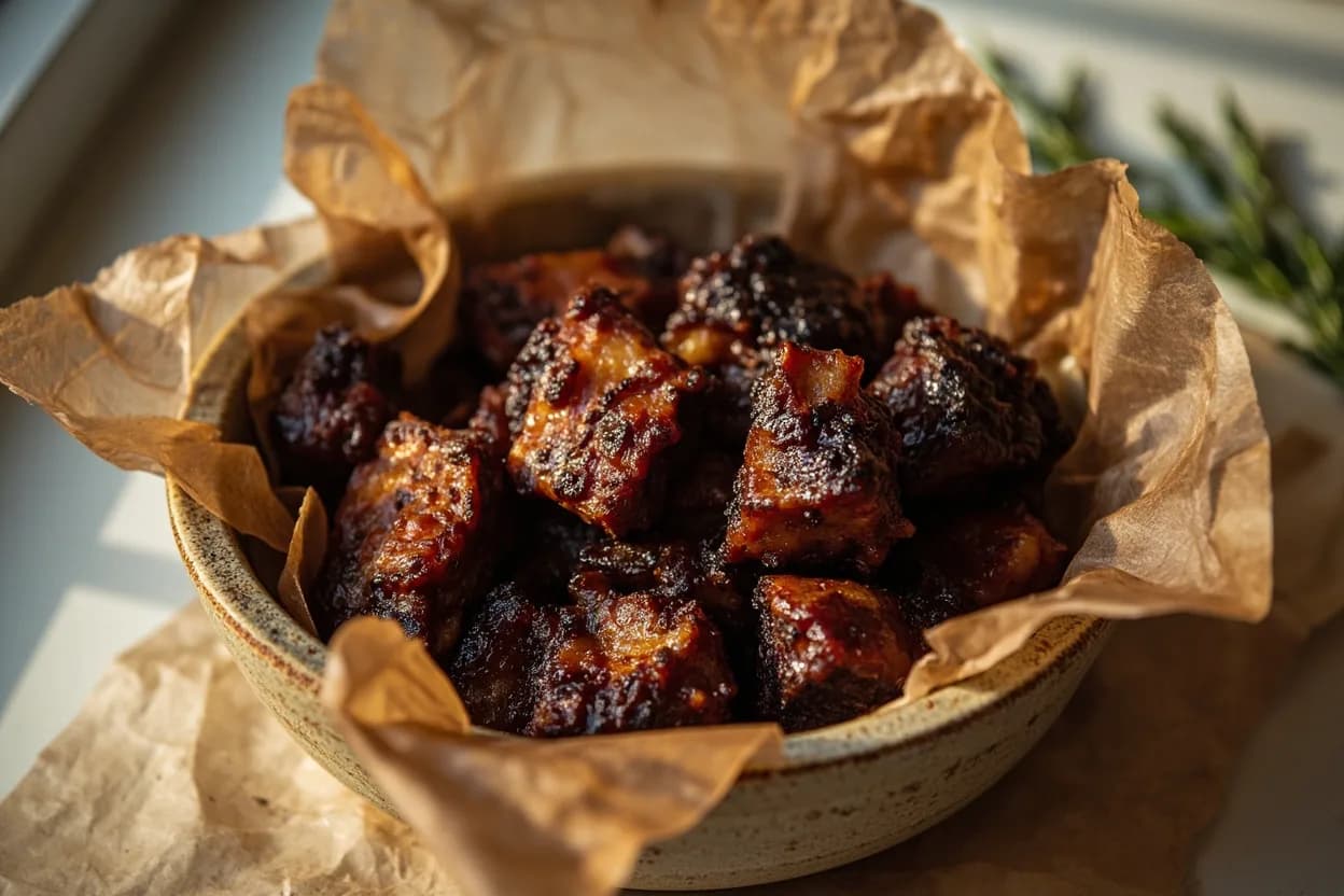 Burnt Ends Caramelization Stage in practice — Kansas City burnt ends (classic, brisket point). Burnt ends were historically the trimmings and charred edges of sliced brisket — given away at Kansas City BBQ joints because they were considered scraps.
