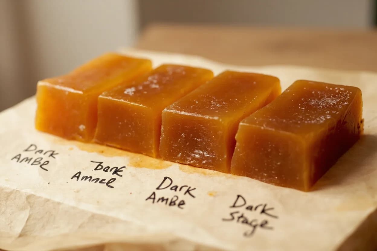 Caramel: Dark Amber Stage in context — the stages just below and above, side-by-side. Dark amber caramel is achieved when sucrose pyrolysis has advanced to produce a dense population of high-molecular-weight polymeric colorants (caramelens and caramelins), yielding a deep reddish-maho… Target reference 177°C / 350°F.