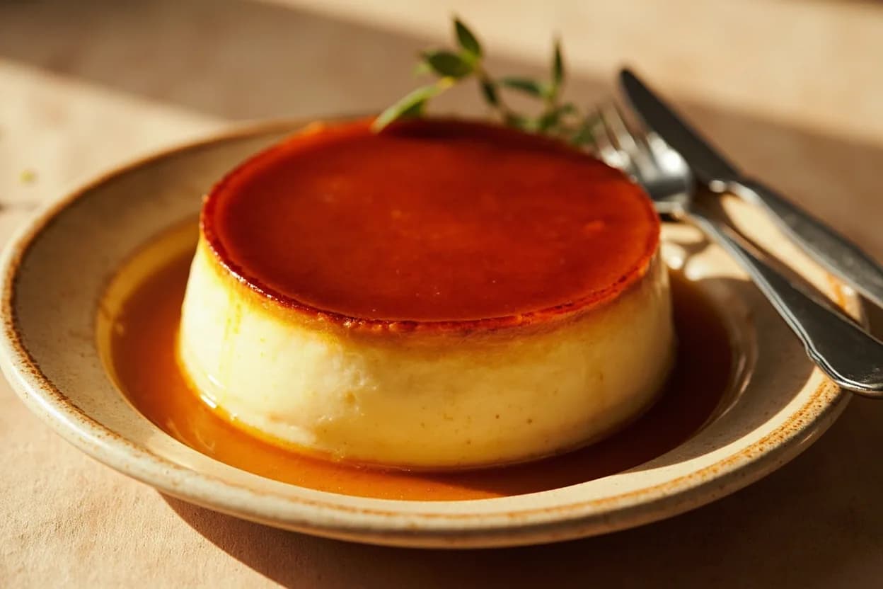 Caramel: Dark Amber Stage in practice — Crème caramel (flan). Adding cold liquid to dark amber caramel causes an explosive steam release and can cause the sugar to seize into a hard mass.