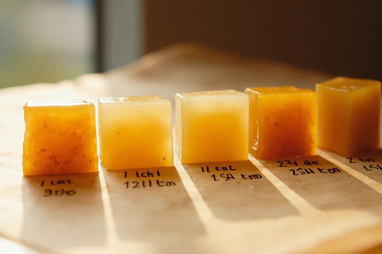 Caramel: Light Amber Stage in context — the stages just below and above, side-by-side. Light amber caramel is reached when sucrose has melted completely and pyrolysis (thermal decomposition) has begun, producing the first wave of caramel-flavor compounds — furans, diacetyl, and hydroxy… Target reference 160°C / 320°F.