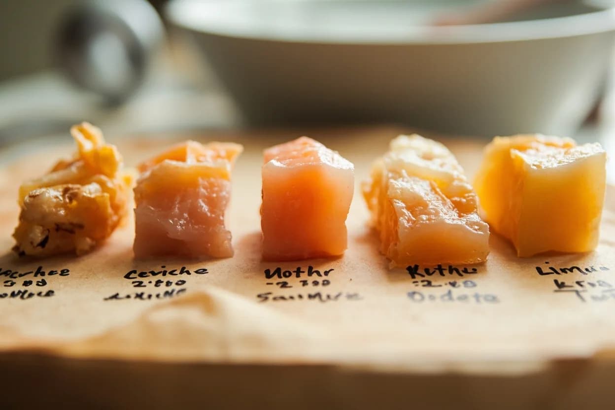 Ceviche Acid-Denature Stage in context — the stages just below and above, side-by-side. In ceviche, the proteins in raw fish are denatured not by heat but by the low pH of citrus juice — primarily lime, though lemon, bitter orange, and camu-camu are also used across Latin America. Target reference No heat applied; optimum marinade temperature 4–8°C (39–46°F) refrigerated, or at ambient in traditional Peruvian method (room temp ~18–22°C, faster denature)..