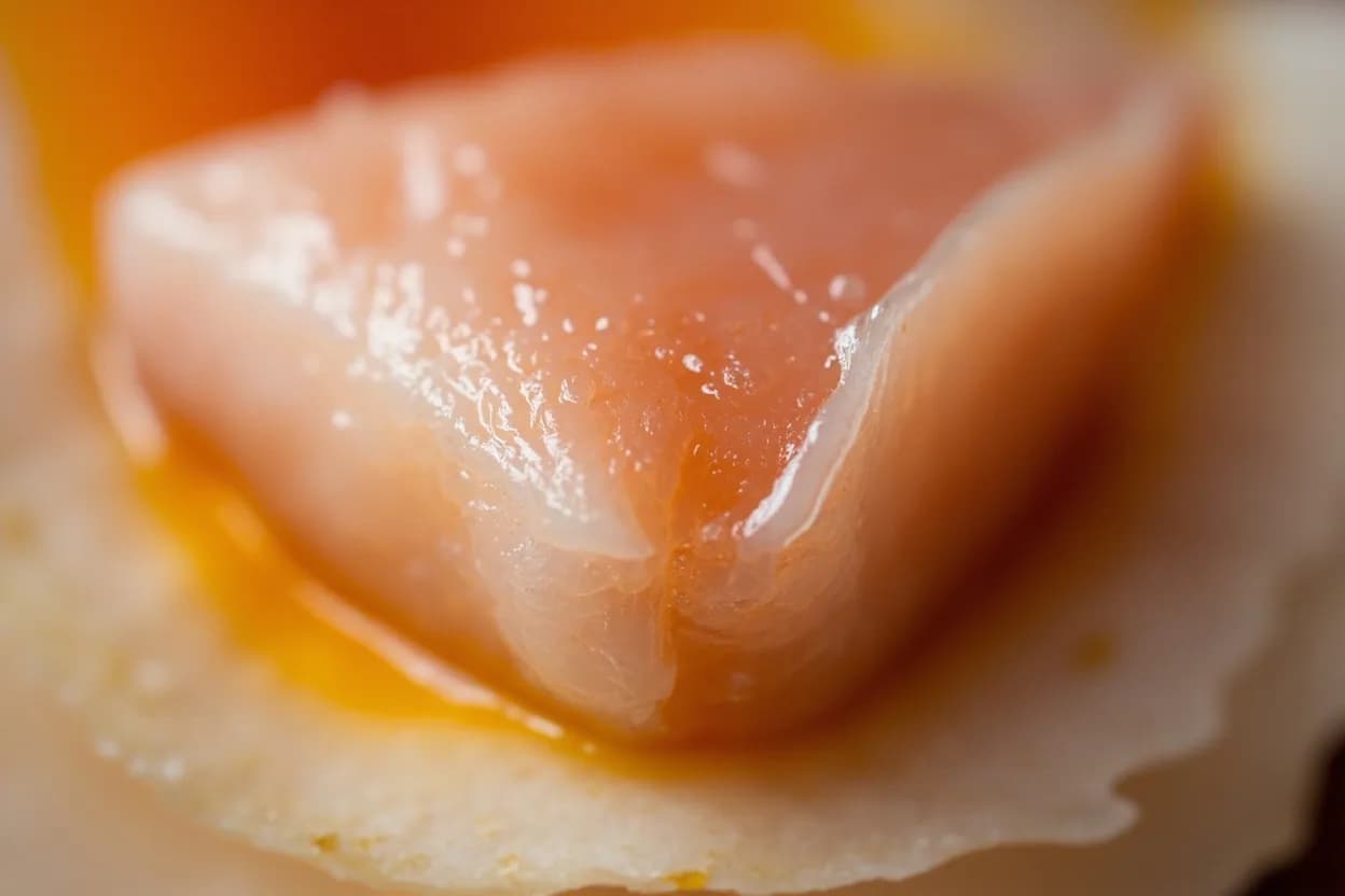 Ceviche Acid-Denature Stage at No heat applied; optimum marinade temperature 4–8°C (39–46°F) refrigerated, or at ambient in traditional Peruvian method (room temp ~18–22°C, faster denature).. Lime juice pH is approximately 2. Visual cues: 5–10 min: fish exterior turns from glistening translucent to faintly milky at the edges, center still raw-pink or raw-translucent, 15 min: flesh is opaque 2–3 mm deep from all surfaces, center may remain slightly translucent — this is the Peruvian leche de tigre sweet spot for white fish, 30–45 min: uniformly opaque throughout, texture noticeably firmer and more springy under finger pressure.