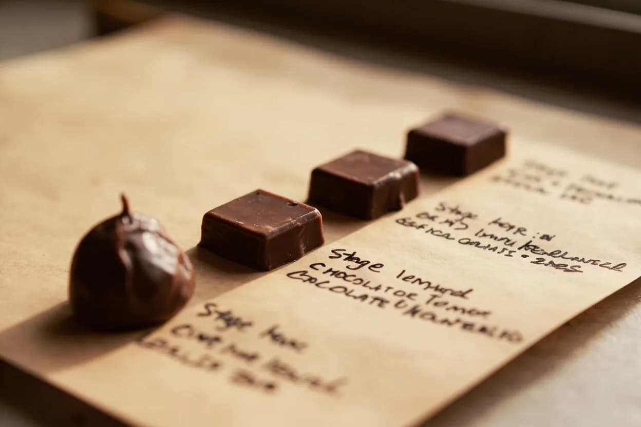 Chocolate Tempering: Milk Chocolate in context — the stages just below and above, side-by-side. Tempering milk chocolate follows the same three-stage crystallization protocol as dark chocolate, but all temperature targets are shifted downward by approximately 2–3°C. Target reference Melt 45–50°C (113–122°F) → cool 26°C (79°F) → reheat 29–30°C (84–86°F).