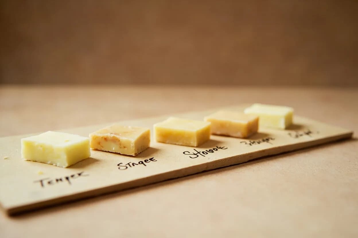 Chocolate Tempering: White Chocolate in context — the stages just below and above, side-by-side. White chocolate contains no cocoa solids — only cocoa butter, sugar, milk solids, and vanilla. Target reference Melt 40–45°C (104–113°F) → cool 25°C (77°F) → reheat 27–28°C (81–82°F).