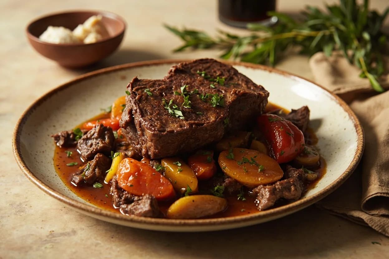 Chuck Roast & Short Rib Collagen Conversion in practice — Pot roast (American Sunday roast). The difference between a braised short rib that slices cleanly and one that shreds to strings is temperature control.