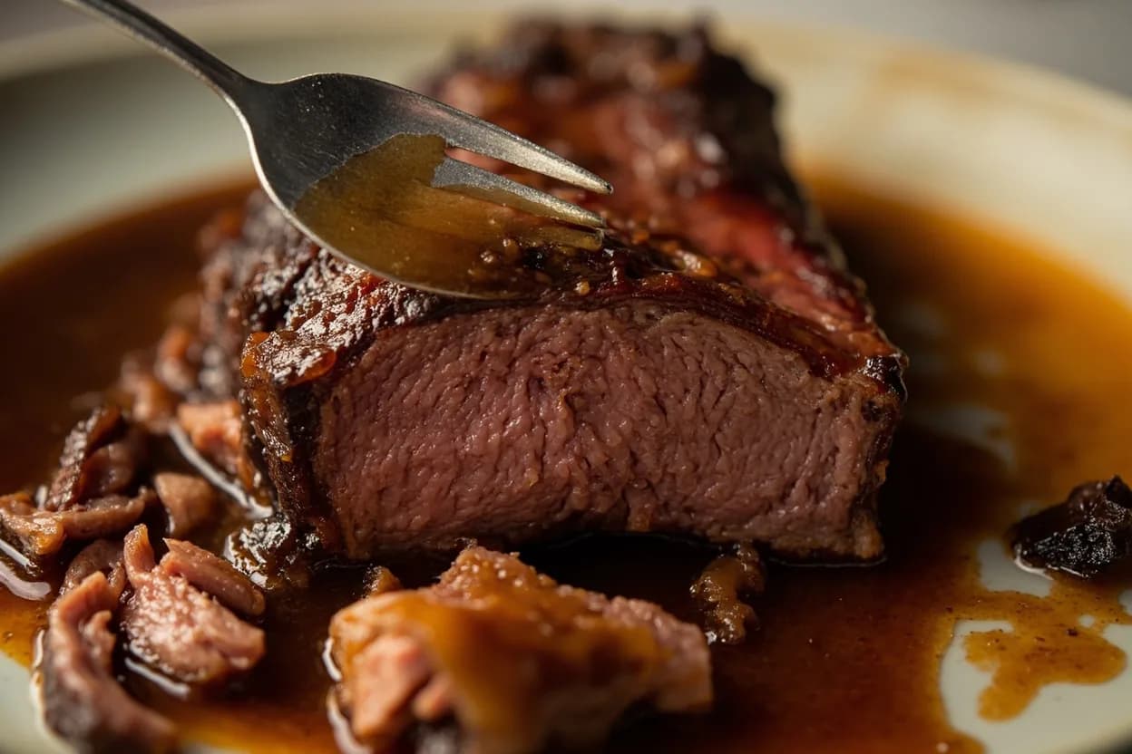 Chuck Roast & Short Rib Collagen Conversion at 85–95°C (185–203°F). Collagen is a triple-helix protein that begins to denature and dissolve around 70°C, but meaningful hydrolysis into soluble gelatin accelerates significantly above 80°C. Visual cues: A fork or spoon pressed gently into the meat meets almost no resistance — it collapses without tearing, The braising liquid has thickened and coats a spoon — a sign that gelatin has dissolved into the sauce, Meat surface has a glossy, yielding sheen rather than a dry, fibrous look.