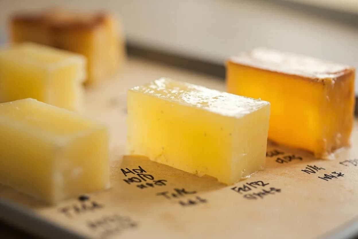 Clarified Butter Ready State in context — the stages just below and above, side-by-side. Clarified butter is produced by gently melting whole butter to separate its three components: water (~16%), milk solids (proteins and lactose, ~4%), and pure butterfat (~80%). Target reference 150°C / 302°F.