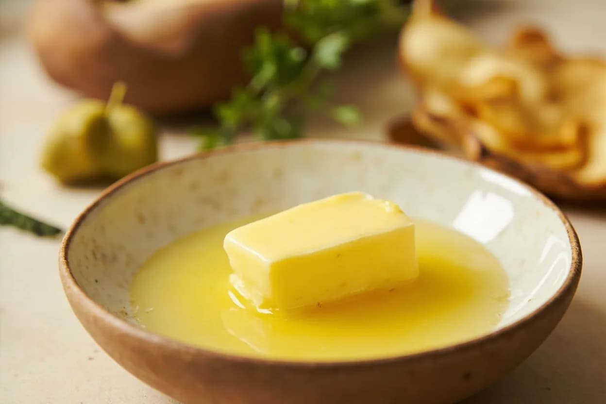 Clarified Butter Ready State in practice — Hollandaise sauce (clarified butter as the emulsified fat base). French clarified butter is stopped the moment the solids settle and the foam clears, preserving a neutral, pure fat.