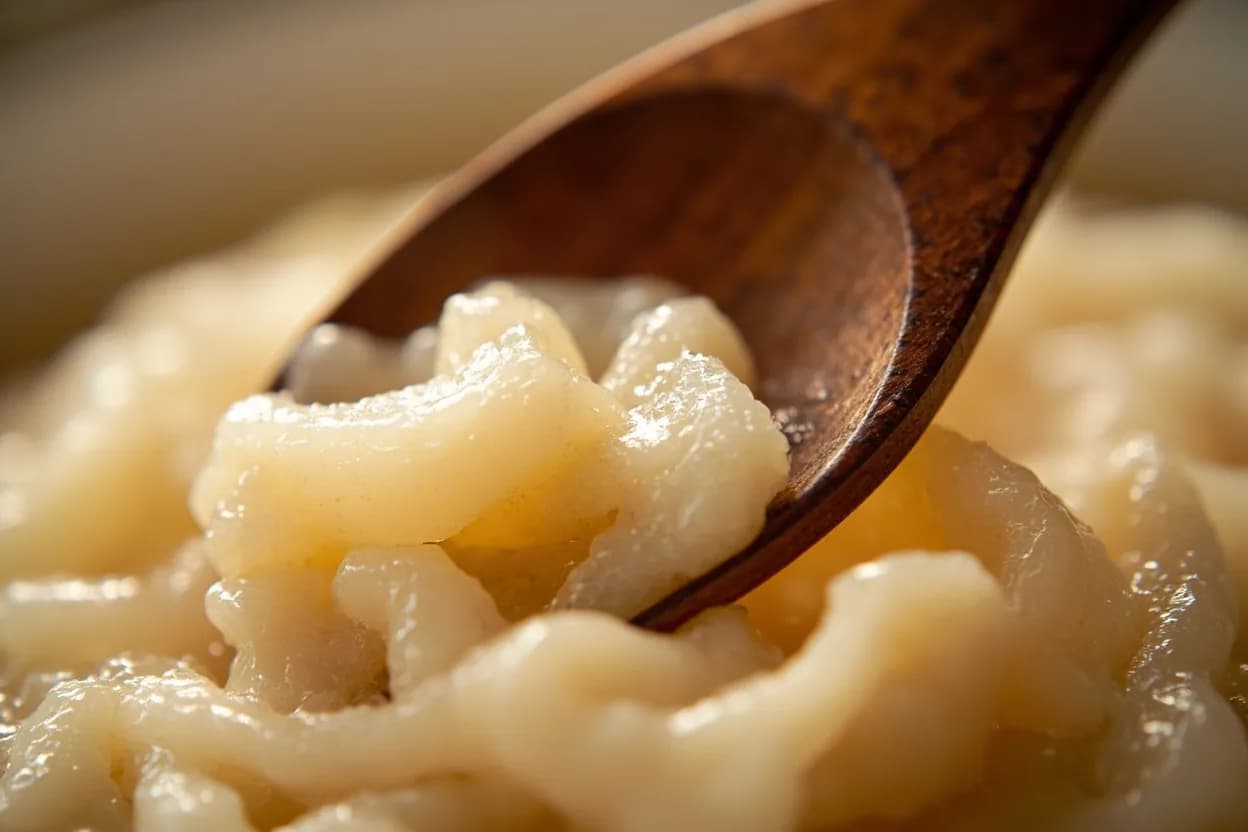 Congee & Juk Starch Breakdown Stage at Sustained simmer at 95–100°C (203–212°F) for 45–90+ minutes; the transformation is time-dependent more than temperature-dependent. Starch gelatinization begins around 60–70°C as water penetrates the crystalline regions of starch granules, swelling them. Visual cues: No distinct grain boundaries visible — the surface appears smooth and unified, not lumpy, A wooden spoon dragged through the pot leaves a slow-closing channel — the mixture coats the spoon without dripping, Texture is silky and uniform; grains should offer no resistance when a small amount is pressed between thumb and forefinger.