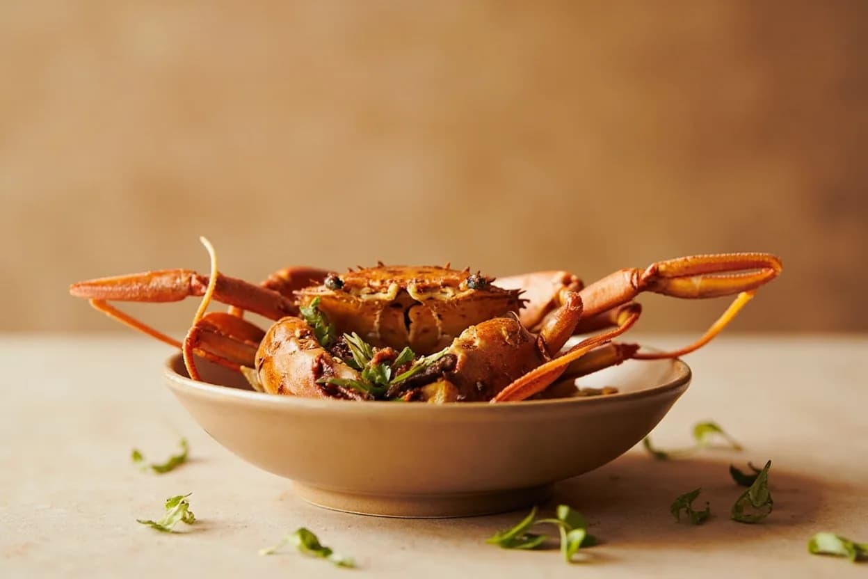 Crab: Shell Color Change & Internal Temperature in practice — Boiled Dungeness crab with drawn butter. The orange-red color shift occurs long before the body cavity reaches 74°C.
