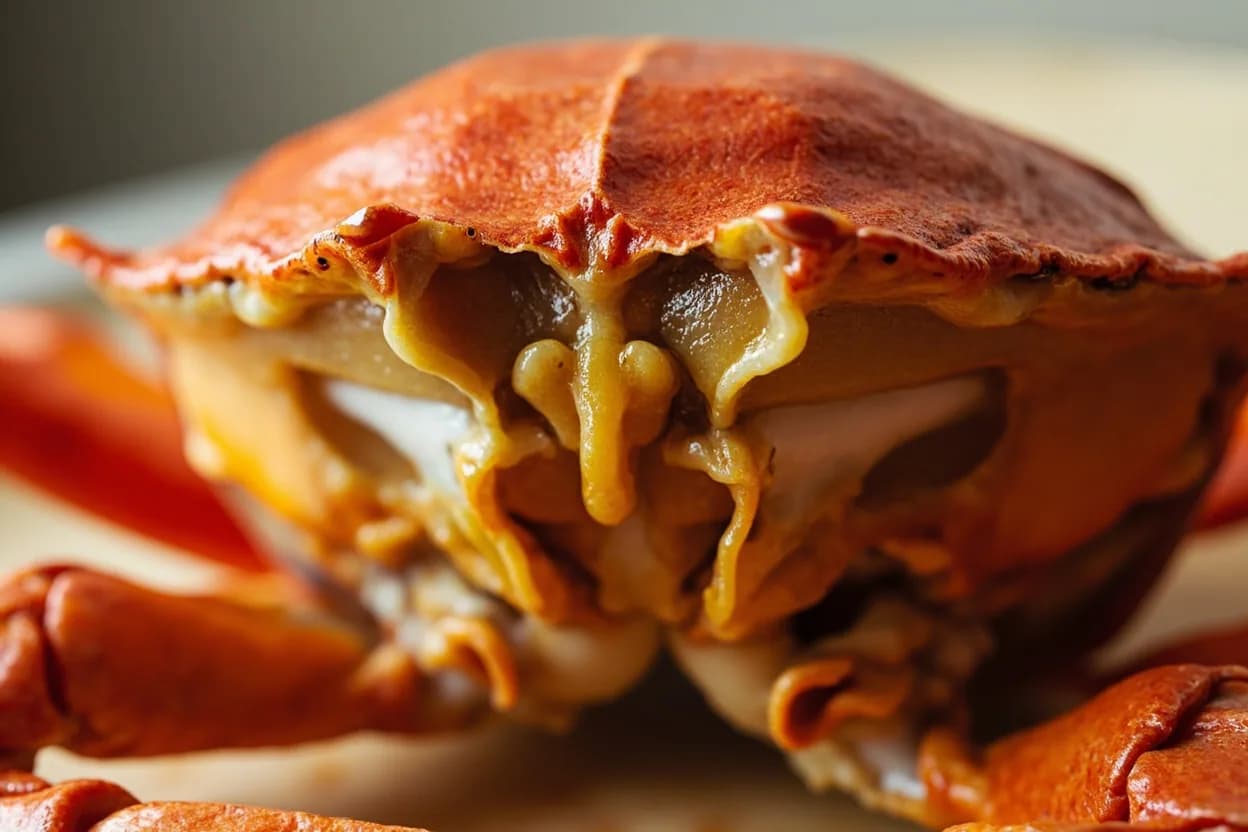 Crab: Shell Color Change & Internal Temperature at 74°C / 165°F. The color shift begins early (around 40°C) as crustacyanin loosens its grip on astaxanthin. Visual cues: Shell achieves full, uniform orange-red color across all surfaces — no remaining grey-blue patches, Claw meat visible through translucent claw segments turns opaque white, The hepatopancreas (body cavity 'mustard') firms from runny grey-green to set yellow.