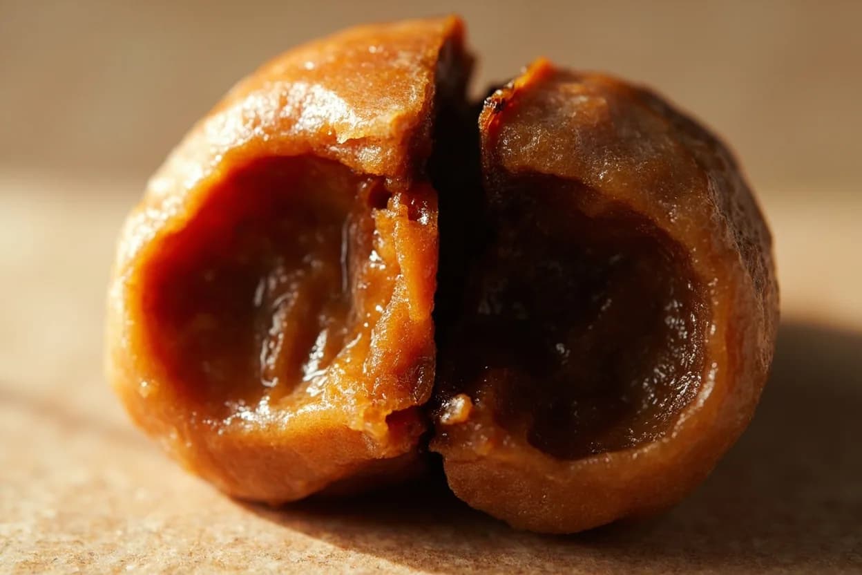 Doenjang & Ganjang Fermentation Maturity at Ambient fermentation: 10–25°C (50–77°F) through seasons; optimal active phase 15–20°C (59–68°F). Protease enzymes produced by Aspergillus and Bacillus strains cleave soy proteins into free amino acids, especially glutamic acid, which drives umami intensity. Visual cues: Color: paste shifts from pale tan to deep reddish-brown or near-black; liquid ganjang turns from amber to dark mahogany, Aroma: raw beany smell gives way to complex, savory, slightly earthy and mushroom-like notes; pungency softens, Taste: umami peaks and bitter/raw soy notes recede; salt integration becomes rounder.