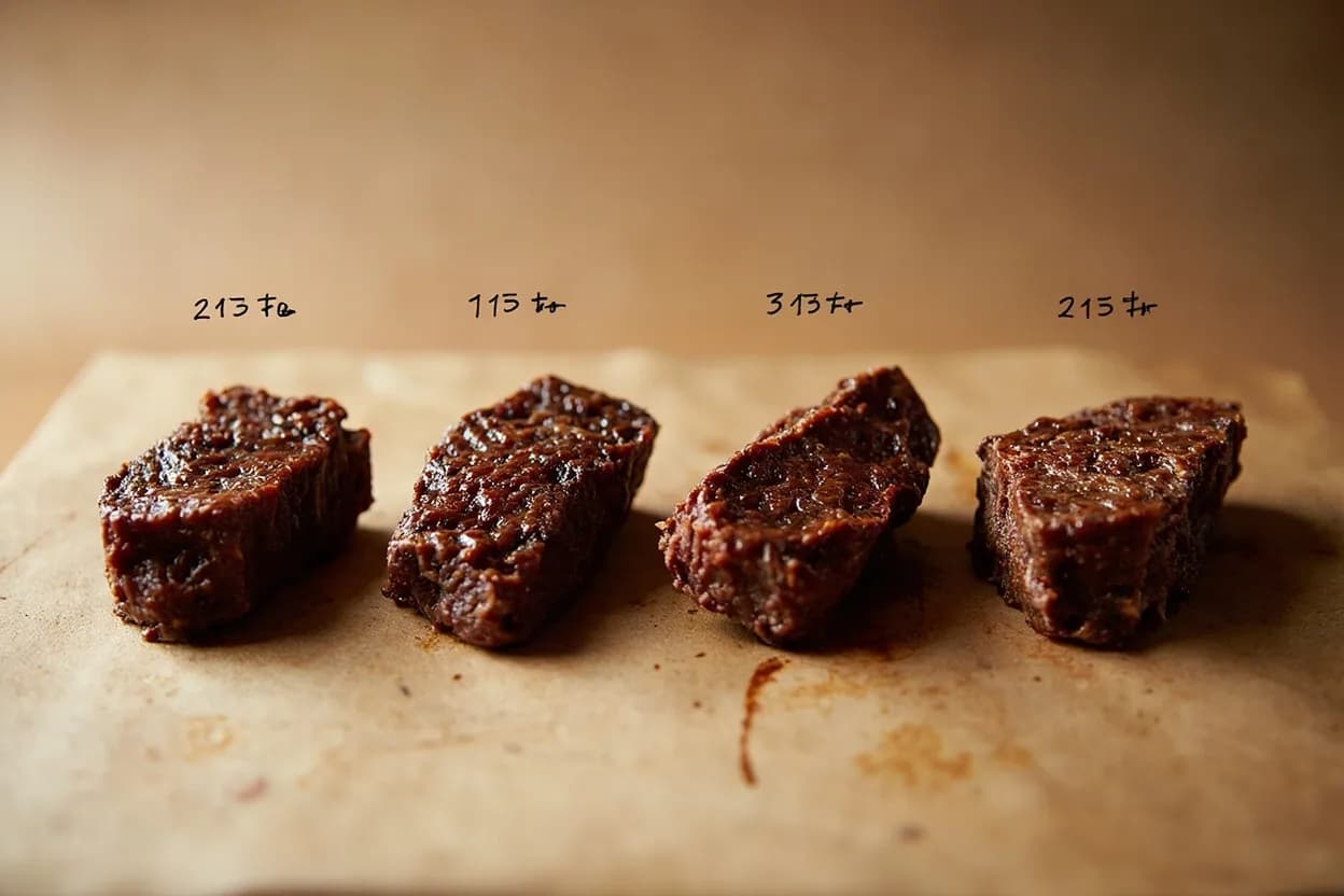 Dry-Aged Beef Crust Trim Threshold in context — the stages just below and above, side-by-side. Dry-aged beef develops a thick outer crust called the pellicle — a desiccated, oxidized, often mold-covered layer that concentrates flavor and protects the meat beneath. Target reference Surface crust dries to near ambient (1–3°C / 34–37°F in the aging chamber); no internal temperature threshold applies.
